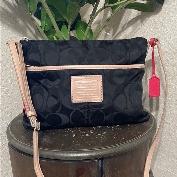 Coach Handbags - Coach Signiture Black and Tan Crossbody Bag with Red Accent